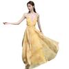 Estilo Festivo Súper Hada Sol Manchado Amarillo Mono de Tirantes sin Espalda Falda Larga para Viaje de Verano Foto en la Playa