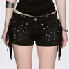 Shorts de mezclilla personalizados de moda Y2K, hot pants ajustados, estilo americano, lavados en negro, desgastados con remaches, estilo oscuro