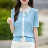 Cardigan de Meia Manga em Mistura de Algodão Lyocell, Novo Estilo de Verão para Mulheres, Gola Peter Pan, Peça de Roupa Externa Redutora de Idade e Estilosa com Design em Cor Contrastante