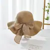 Novo Chapéu de Palha Tecido de Verão da Moda para Mulheres, Chapéu de Sol de Praia com Aba Larga para Proteção Solar, com Laço e Formato Ondulado