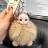 Boneca em Forma de Bola Chaveiro de Carro com Pelo de Raposa Real Pingente Acessório para Mochila de Estudante Chaveiro de Pelúcia