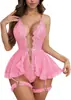 Lencería Sexy de Nuevo Estilo Europeo y Americano Transfronteriza Malla Transparente de Encaje Mono con Tirantes Falda con Tirantes de Pedrería Pijama Sexy