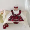 Vestido de Manga Larga para Niña Transfronterizo Otoño e Invierno Navidad Infantil Cuadros Falso Dos Piezas Peto de Tirantes Pelele para Bebé