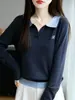Suéter de malha fina com gola polo, transfronteiriço, para mulheres, novo suéter fino de outono e inverno com base bordada em blocos de cor