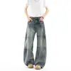 Jeans Denim Lavado Retro Americano Masculino Primavera e Outono Corte Limpo Streetwear Cool Calças Longas de Perna Reta Solta Perna Larga