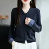 Outono 2026 Novo Estilo Cardigan de Lã Malha Fina com Gola Polo e Lapela Cor Xadrez Bloco de Cores Versátil Suéter Top Feminino