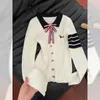 Bordado de cachorrinho com laço Gola polo Cardigã de tricô estilo faculdade coreana feminino outono suéter de tricô trançado jaqueta top