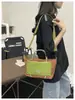 Bolso de mano a cuadros color block estilo workwear, diseño retro de patchwork naranja y verde, versátil para viajar y uso casual, bolso de hombro