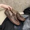 Versión de Piel de Vaca en Stock~ Nuevos Mocasines Redondos Estilo Coreano Desgastados con Forro de Lana Zapatos Planos Versátiles de Piel Genuina para Mujer