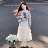Nuevo Estilo Primavera y Otoño 2026 para Niños Mayores: Sudadera con Cuello y Parche de Encaje Estilo Princesa Coreana Falda de Capas Conjunto de Moda para Niñas