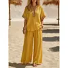 Sitio independiente transfronterizo europeo y americano 2026 Amazon moda casual nuevos tops de manga corta de color liso y pantalones de pierna ancha ropa para mujer