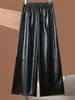 Pantalones de Piel para Mujer, Pantalones de Piel de Oveja, Cintura Elástica, Cintura Alta, Adelgazantes, Pierna Recta, Pantalones Anchos Holgados, Pantalones Largos, Tallas Grandes
