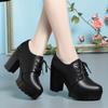 Sapatos Elegantes de Salto Alto para Mulheres 2025 Primavera Novos Sapatos Femininos de Amarrar Plataforma Impermeável Solado Grosso Sapatos Sociais de Couro Feminino para Combinar com Saias