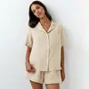 Primavera 2026 Nuevo Estilo Europeo y Americano Color Contrastante Algodón Puro Manga Corta Pantalones Cortos Conjunto de Pijama Holgado Suave y Amigable con la Piel Ropa de Casa para Mujer