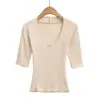 Top Ajustado de Manga Tres Cuartos y Cuello Redondo para Mujer, Camiseta Básica Adelgazante con Cintura Elástica, Camiseta Corta Sexy de Cuello en V Pura