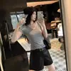 Camiseta de algodón para mujer, color albaricoque lechoso, hombro normal, manga corta, cuello en V, para verano, corte ajustado, chic, capa interior con escote corazón