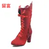 2026 En Stock Estación Independiente de Amazon Wish Europa y América Comercio Exterior Tallas Grandes Encaje Zapatos de Tacón Alto para Mujer Botas de Media Pantorrilla Botas de Cuero para Mujer