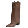 Botas pontudas retrô com rebites, versáteis para primavera e verão, botas de cowboy western com saltos grossos e zíperes laterais, botas femininas de cano alto