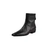 Botas Curtas de Couro Genuíno Cor Pura Bico Quadrado Salto Baixo Grosso Estilo Coreano Simples e Versátil Pele de Bezerro Primeira Camada Inverno 2025 para Mulheres