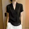 Camisa corta jacquard de manga corta con cuello en V, color negro, a la moda, para mujer, verano 2026, talla grande, top único y deslumbrante para damas de talla grande
