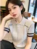 Camiseta de Punto de Manga Corta con Cuello Polo de Color Contrastante Estilo Universitario Coreano para Mujer 2026 Verano Nuevo Top Versátil que Reduce la Edad 12724