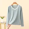 Nuevo Top Básico de Encaje Patchwork de Manga Larga para Mujer Otoño/Invierno 2026, Top Interior de Cuello Redondo, Engrosado Cepillado para Calidez, Ropa de Otoño