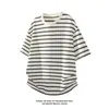 Camiseta Top Básico Versátil Gola Redonda Manga Curta Tendência Color-Blocking Listrado Retro Americano Vibe High Street Solta Casual