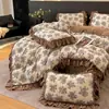 Funda de Cama Gruesa de Leche Floral Retro Francesa Juego de Cuatro Piezas Encaje Doble Cara Polar Cálido Otoño e Invierno Funda de Edredón Funda de Sábana