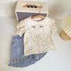 Ancorelala2026 Conjunto de Dos Piezas para Niñas Estilo Nuevo Primavera y Verano: Top Floral Lindo y Shorts de Mezclilla Bordados