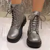 Novas Botas Martin de Cadarço com Renda e Lantejoulas Outono 2025 para Mulheres, Tamanho Grande, Plataforma de Solado Grosso, Emagrecimento, Estilo Europeu e Americano, Botas Curtas de Bico Redondo