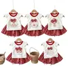 Conjunto de verano dulce de dibujos animados transfronterizo europeo y americano para niños con mangas volantes, falda de cuadros de oso de dibujos animados, conjunto dulce