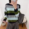 Suéter Tricô Listrado Color Block Retrô Feminino Solto Outono Inicial Estilo Coreano Vibe Preguiçosa Emagrecedor Suéter de Pelúcia Urso Mel Camada de Base