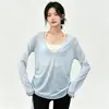 Sudadera con capucha para fitness para mujer, jersey de cuello en V, manga larga, holgada, adelgazante, caída, ligeramente transparente, ropa exterior de otoño, conjunto de pantalones de yoga, ropa para mujer