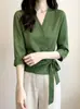 2026 Verano Nueva Moda Elegante Camisa de Manga Tres Cuartos con Cuello en V Adelgazante Blusa de Temperamento Adelgazante Primavera Verano Nicho Mujer