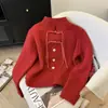 Casaco suéter com gola alta e fivela de borla retrô estilo chinês feminino outono e inverno manto de batalha de Ano Novo cardigã de tricô vermelho de Ano Novo