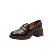 Versão em Couro de Vaca~Mocassins Retro de Bico Redondo, Sem Cadarço, Solado Grosso, Salto Bloco, para Mulheres, Sapatos Versáteis de Couro Genuíno para o Dia a Dia