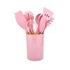 Fábrica en stock, juego de utensilios de cocina de silicona con mango de madera, cubo de almacenamiento, 11 piezas, juego de 12 piezas, cuchara de silicona, espátula, sartén antiadherente, utensilios de cocina