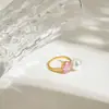Design silencioso estilo doce romântico aço inoxidável banhado a ouro 18K simples com zircônia com pérola anel de abertura ajustável