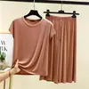 Conjunto de Calça Reta de Manga Curta com Gola Redonda de Modal para Mulheres, Verão Novo, Estilo Coreano, Solto, Emagrecedor, Para Casa, Conjunto de Duas Peças
