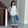 Conjunto de Renda Sem Manga para Meninas 2026 Novo Estilo de Verão para Crianças Maiores, Top Regata com Babados, Calça de Perna Larga, Calça de Perna Reta, Estilo Coreano