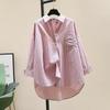 Camisa de Manga Longa Vertical Listrada com Bolso Único de Comprimento Médio para Mulheres, Novo Estilo Primavera/Outono, Cardigan Simples Solto
