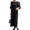 Vestido feminino de verão japonês transfronteiriço, novo temperamento, gola redonda, malha com costura, microtransparente, manga de sino, fino, falso duas peças