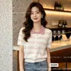 Cárdigan de punto con bloques de color retro a rayas, cuello polo, recorte en forma de corazón para mujer, top de verano de alta gama ajustado de manga corta para mujer