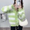 Internet Popular Moda Malha Camisola Cardigan Feminino Início da Primavera Novo Estilo Listrado Curto Decote em V Estilo Coreano Suave Doce Casaco Na Moda