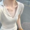 Camiseta de Manga Corta para Mujer, Estilo Old Money, Cuello en V, Color Menta Mambo, Corte Ajustado, Top Polo de Punto con Cuello Solapa, Verano 2025