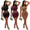 En Stock, Moda Europea y Americana Transfronteriza de Aliexpress Ropa para Mujer, Conjunto de Dos Piezas Sexy de Top de Un Hombro con Botones y Ojales y Falda Corta