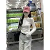 Toma Real de Camiseta Básica de Manga Larga con Cuello Redondo Ajustada Estilo Coreano de Primavera con Diseño de Espina de Pescado para Mujer 96862