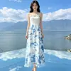 Vestido tradicional teñido con nudos de Yunnan-Guizhou teñido de azul, vestido largo teñido con nudos hecho a mano, adelgazante, suave y dulce vestido de tirantes