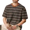 Camiseta Listrada de Malha Estilo Retro Americano Old Money para Homens, Outono Manga Curta 2026 Nova Tendência Solta Casual