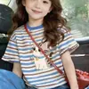 Camiseta de Verano para Niña de Algodón a Rayas de Manga Corta 2026 Nueva Elegante Infantil Cuello Redondo Versátil Camiseta Básica de Media Manga